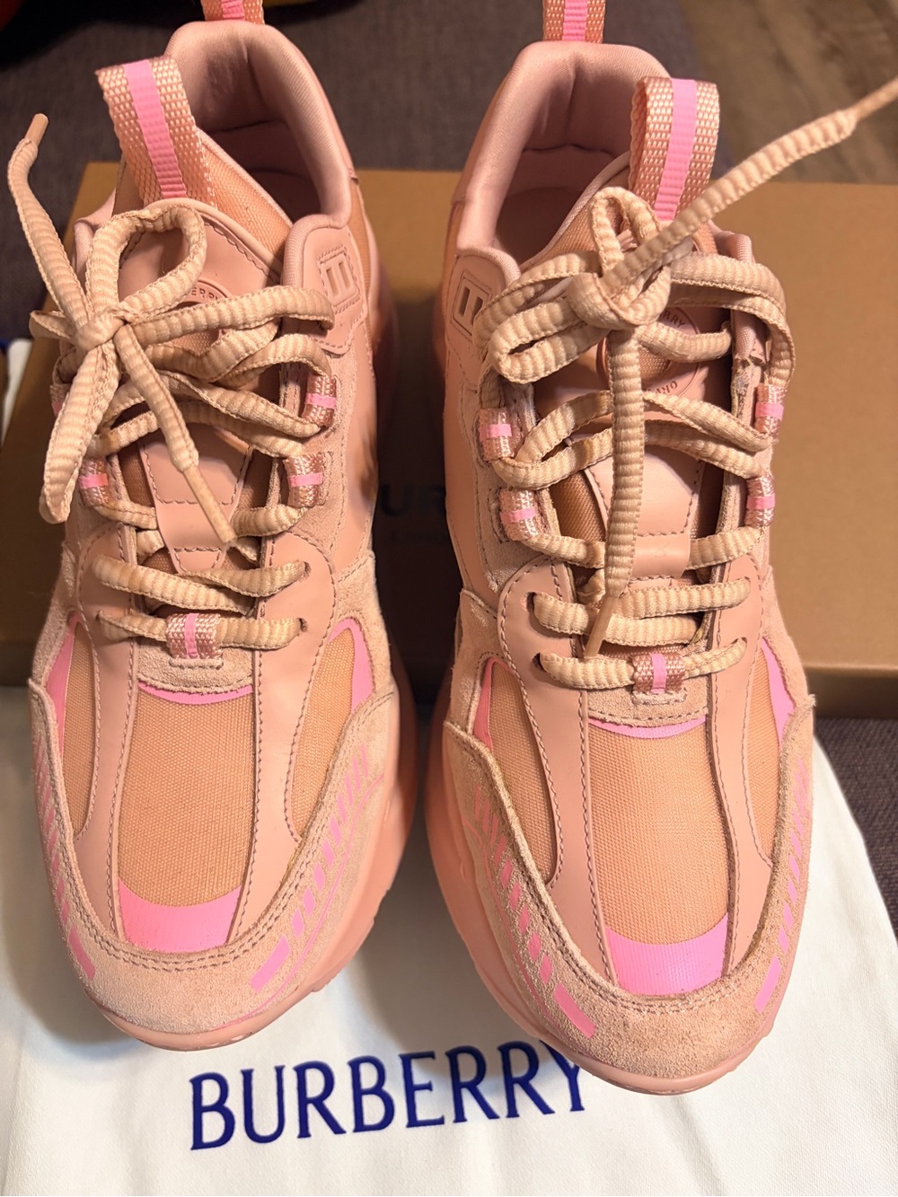 Burberry Peach-Pink Mixed-Material Chunky Sneakers